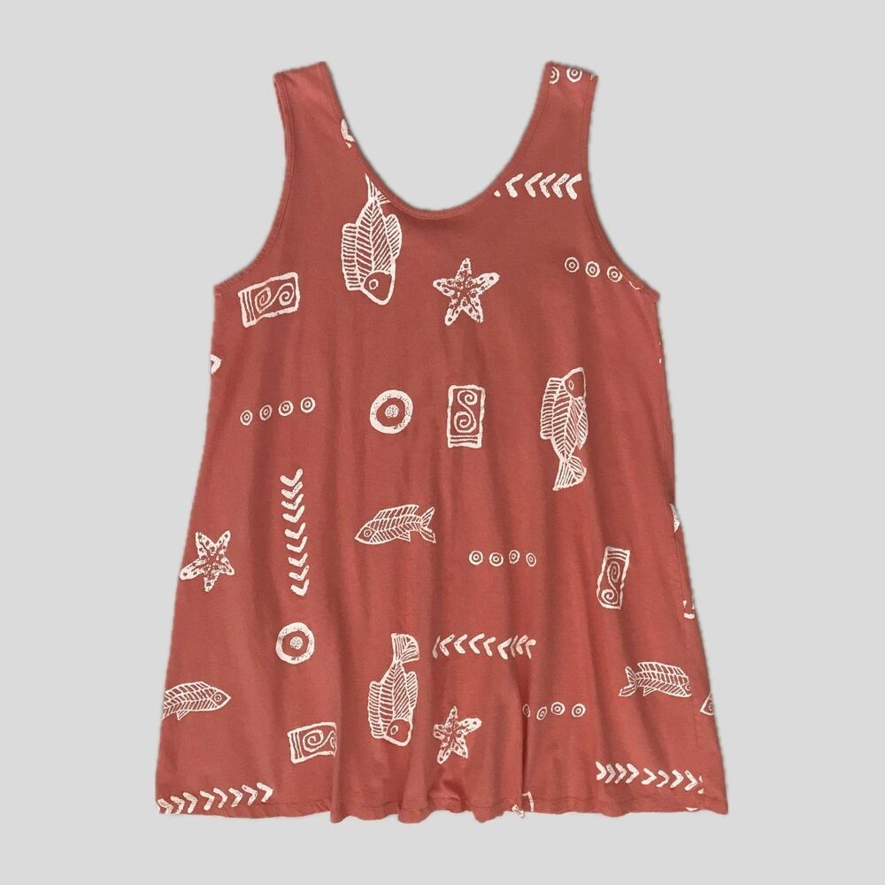Vintage 90s Coral Pink Geometric Fish Sleeveless Cotton Tank Top Womens XL/XXL